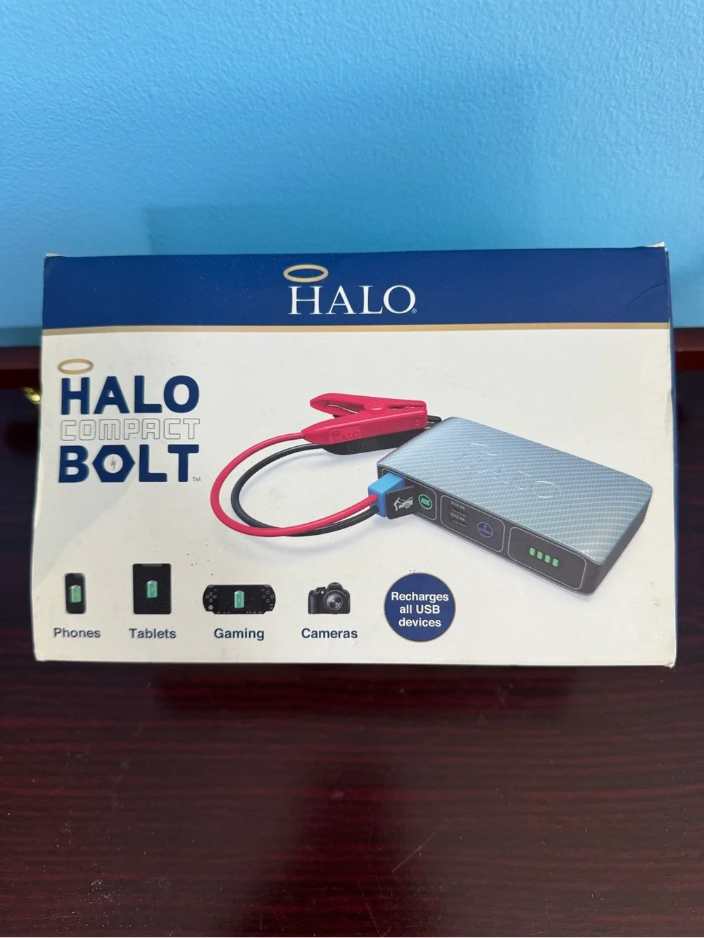 HALO Bolt Compact Jump Starter Power Bank - Navy with Red Cables